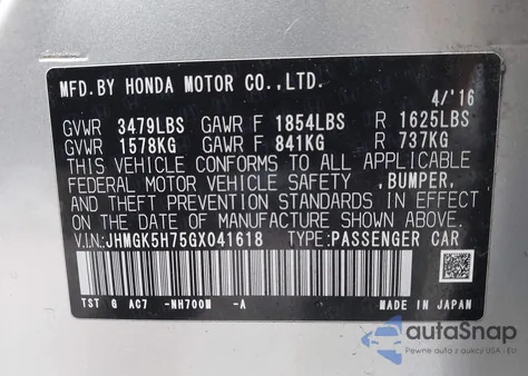 2016 Honda Fit Ex from USA, damaged, VIN JHMGK5H75GX041618